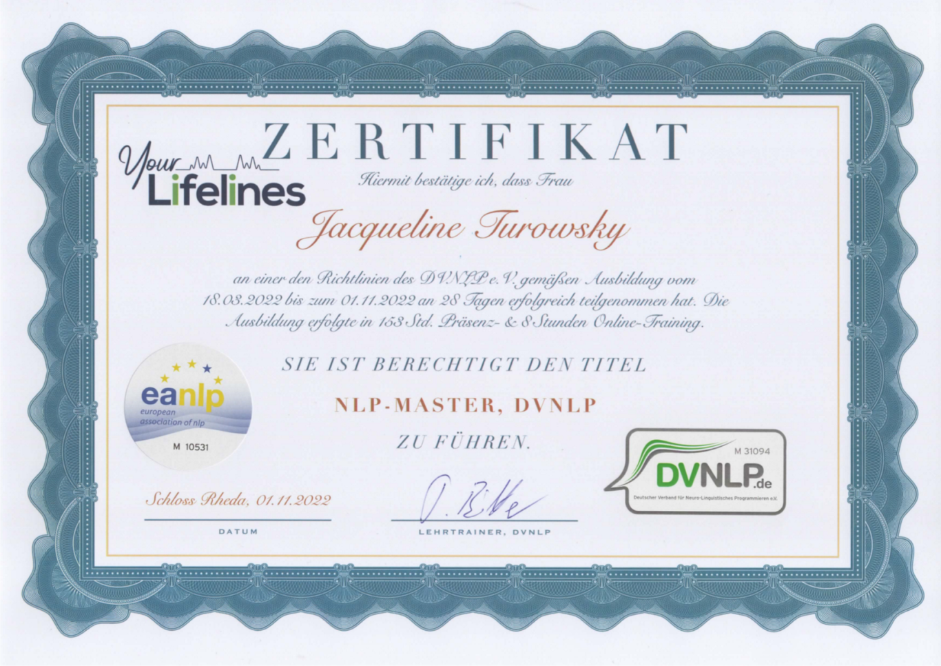 Zertifikat NLP-Master für Jacqueline Turowsky mit dem Logo des deutschen und des europäischen Dachverbands und Unterschrift